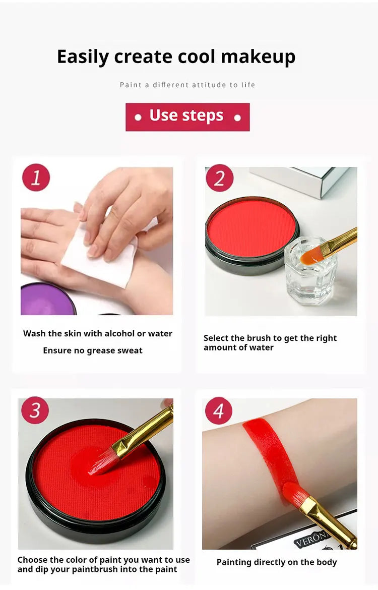 30g Water-Activated Body Makeup Face Paint Set 3-Piece with Brushes Mixing Palette for Halloween Christmas Costume Party Cosplay