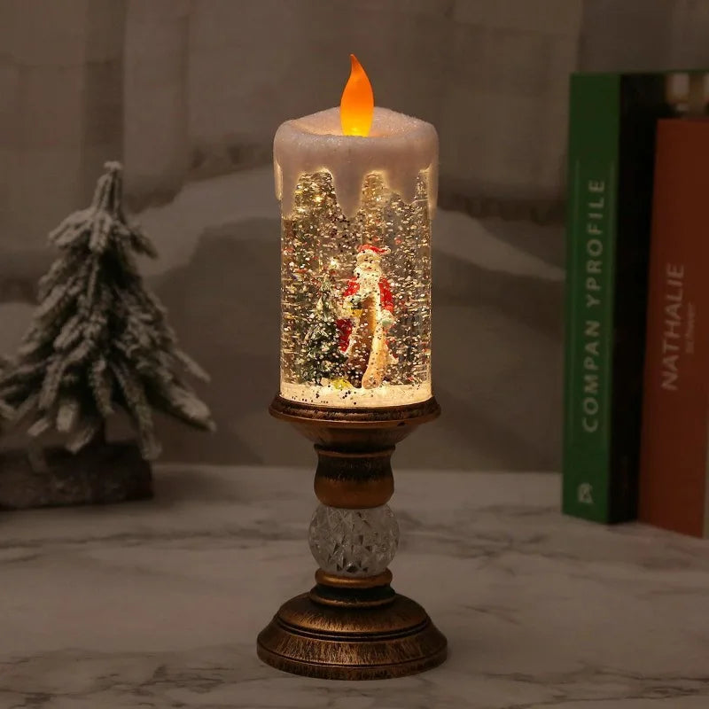 Christmas Decorations Water Filled Candles with Scene Crystal Lights Snowfall Effect Santa Claus Figurine Perfect Holiday Gift