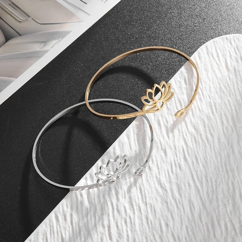 Stainless Steel Hindu Lotus Mandala Open Bracelet Women Fashion Cuff Bangle Casual Sports Yoga Jewelry