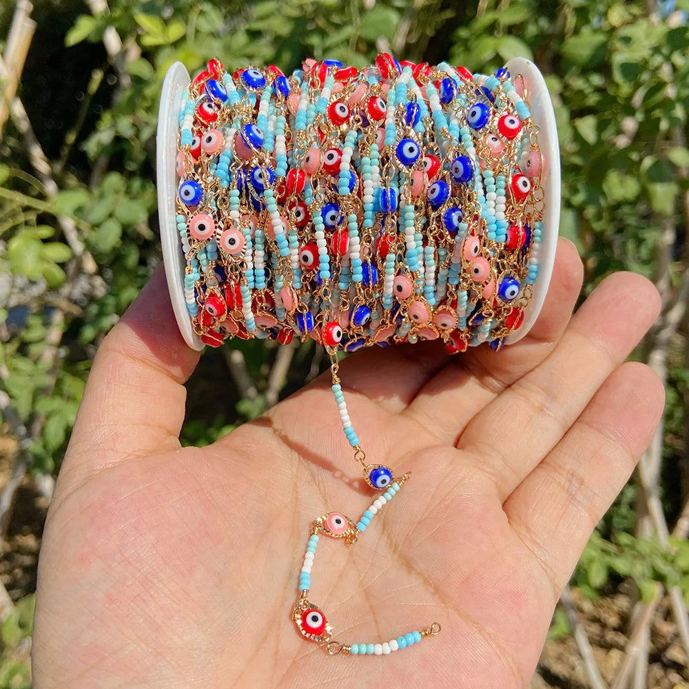 Colorful Evil Eye Beads Chains Stainless Steel Link Pearl Beaded Chains Turkey Eye Link Chain for Necklace Making Jewelry DIY