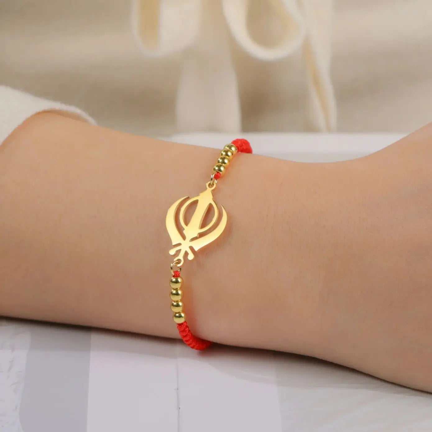 LIKGREAT Sikhism Adjustable Rope Bracelets for Women Men Stainless Steel Sikh Khanda Indian Pakistan Punjab Religious Jewelry