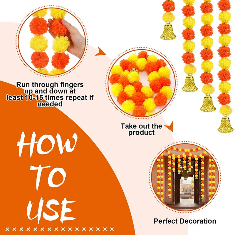 5-50pcs Marigold Flower Garland For Decoration 5 ft Artificial Flowers Mexican Diwali Indian Wedding Party Pooja Day of The Dead