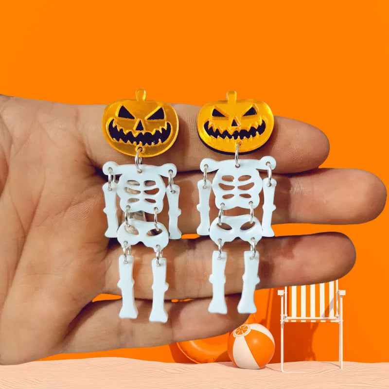2024 New Skeleton Pumpkins Halloween Earrings Women Hallowmas Costume Cosplay Skull Heart Axe Black Bat Acrylic Drop Earring