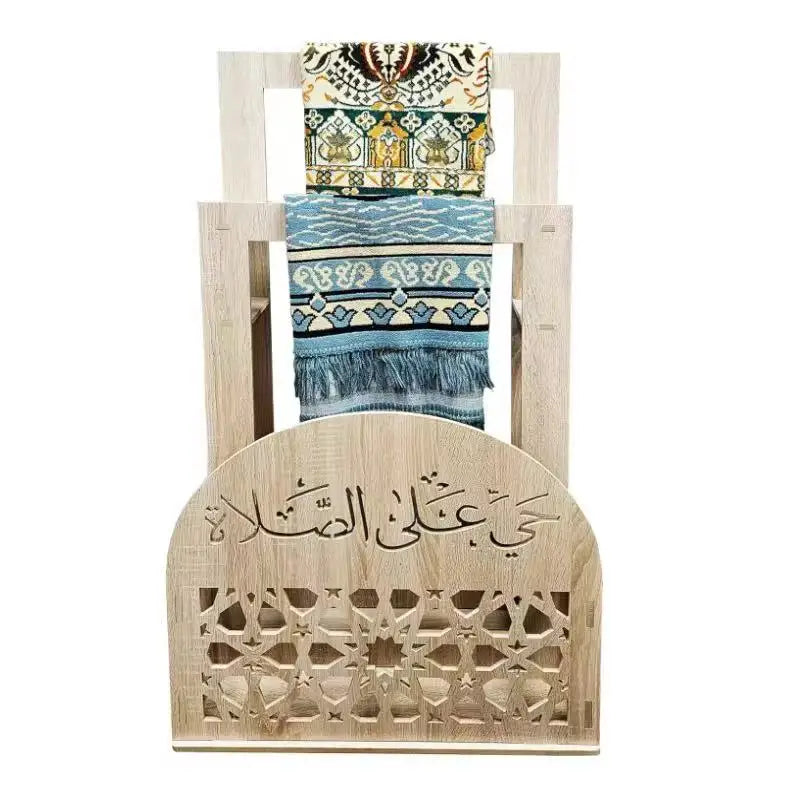 Decorative Wooden Prayer Rack via Shelf with Standing Prayer Mat Installation