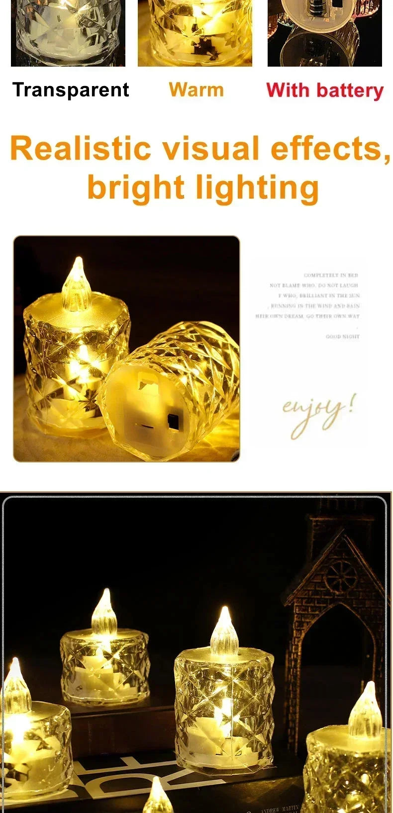 24-1PCS Flameless LED Light Candle LED Crystal Candle Light Electronic Night Lamp Dating Party Holiday Home Wedding Decoration