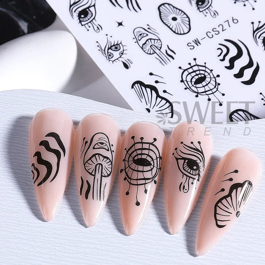 5pcs Halloween Nail Stickers Cartoon Cat Ghost Skull Hand Devil's Eye Snake Design Nail Decals Sliders DIY Manicure Decoration