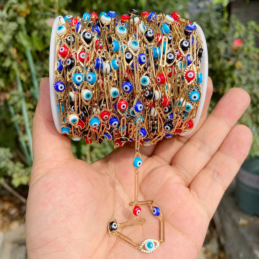 Colorful Evil Eye Beads Chains Stainless Steel Link Pearl Beaded Chains Turkey Eye Link Chain for Necklace Making Jewelry DIY