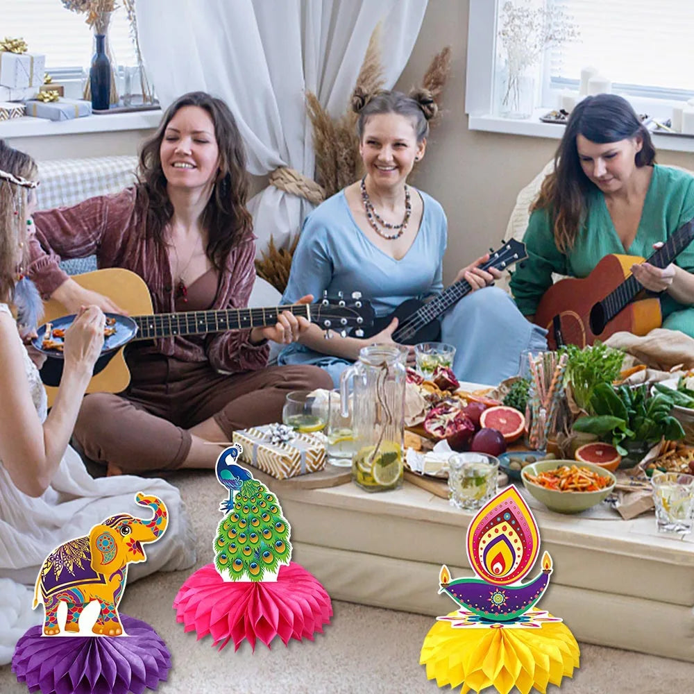 9Pc/Set Colorful Happy Diwali Theme Desktop Honeycomb Ornament Photo Props for India Diwali Festival Party Decoration