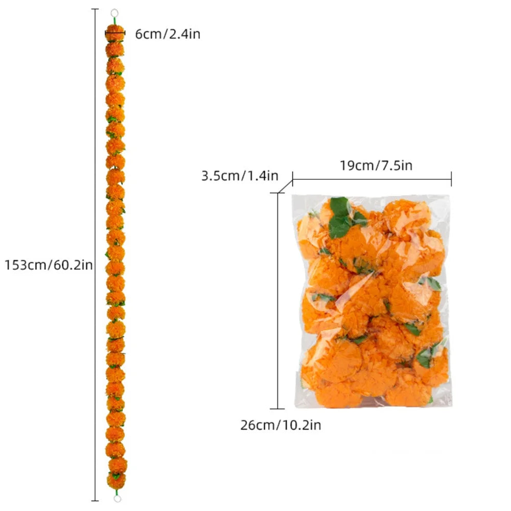 Artificial Marigold Garland For Diwali Wreath Indian Weddings Arch Decorations Garland Halloween Yard Hanging Flower Bar Strips