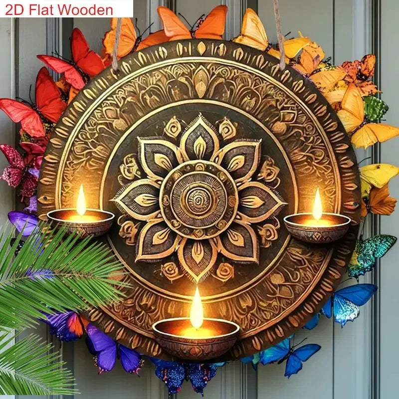 2D Flat ， Traditional Oil Lamp And Artistic Painted Design Happy Diwali Round Sign for Decorating Home
