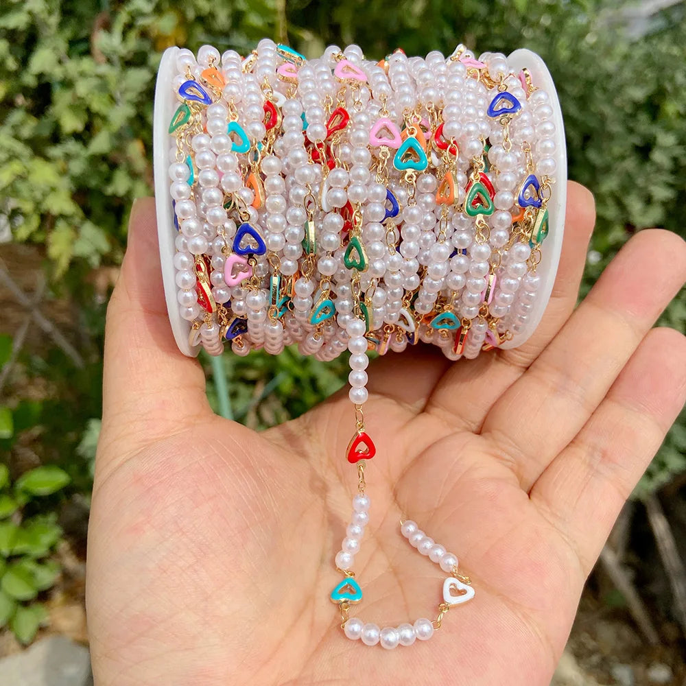 Colorful Evil Eye Beads Chains Stainless Steel Link Pearl Beaded Chains Turkey Eye Link Chain for Necklace Making Jewelry DIY