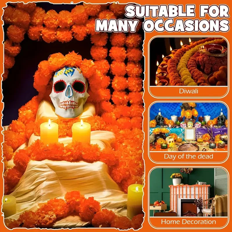 Plastic Marigold Flower Garland Artificial Festival Wreath for Diwali Celebration Day of The Dead Christmas Party Supplies