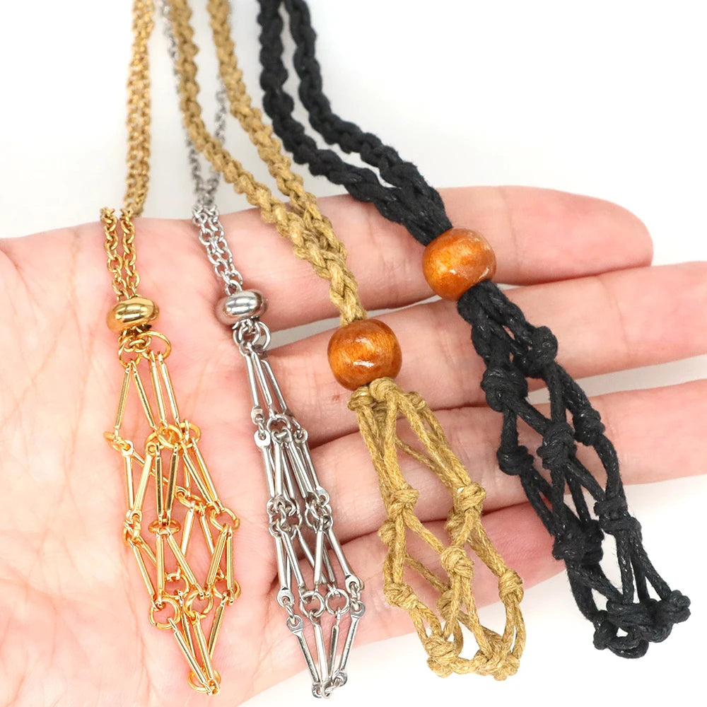 Adjustable Necklace Empty Stone Holder Wax Rope Copper Cage Metal Copper Chain Pendant Net Bag Crystal Gems  Jewelry Accessories