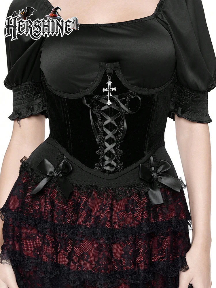 HERSHINE 1-piece Women's Black Velvet Fabric Lace Waist Waist Cover Y2K Gothic Dark Halloween Dress Accessories