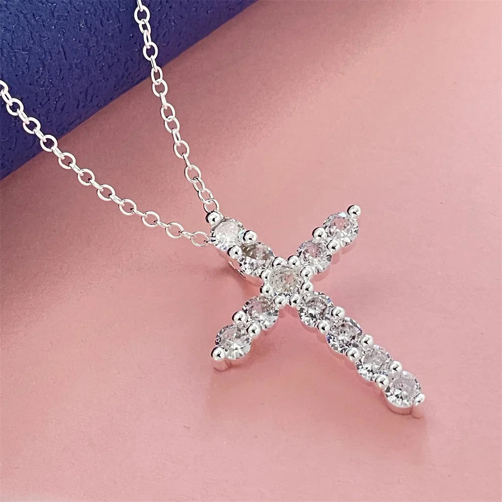 925 sterling silver diamond cross pendant with thin chain, versatile and fashionable