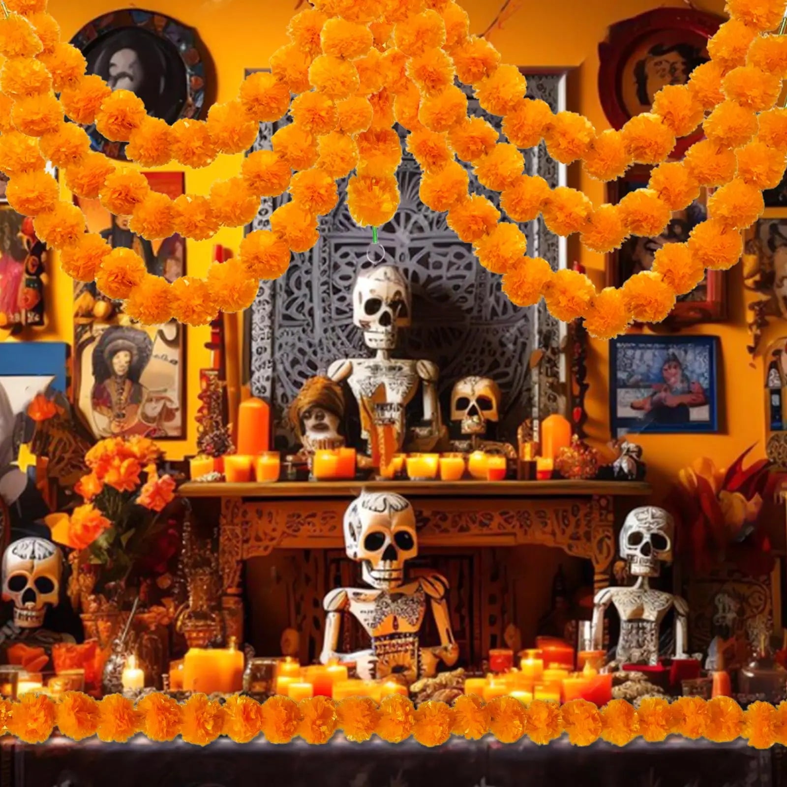 5-50pcs Marigold Flower Garland For Decoration 5 ft Artificial Flowers Mexican Diwali Indian Wedding Party Pooja Day of The Dead