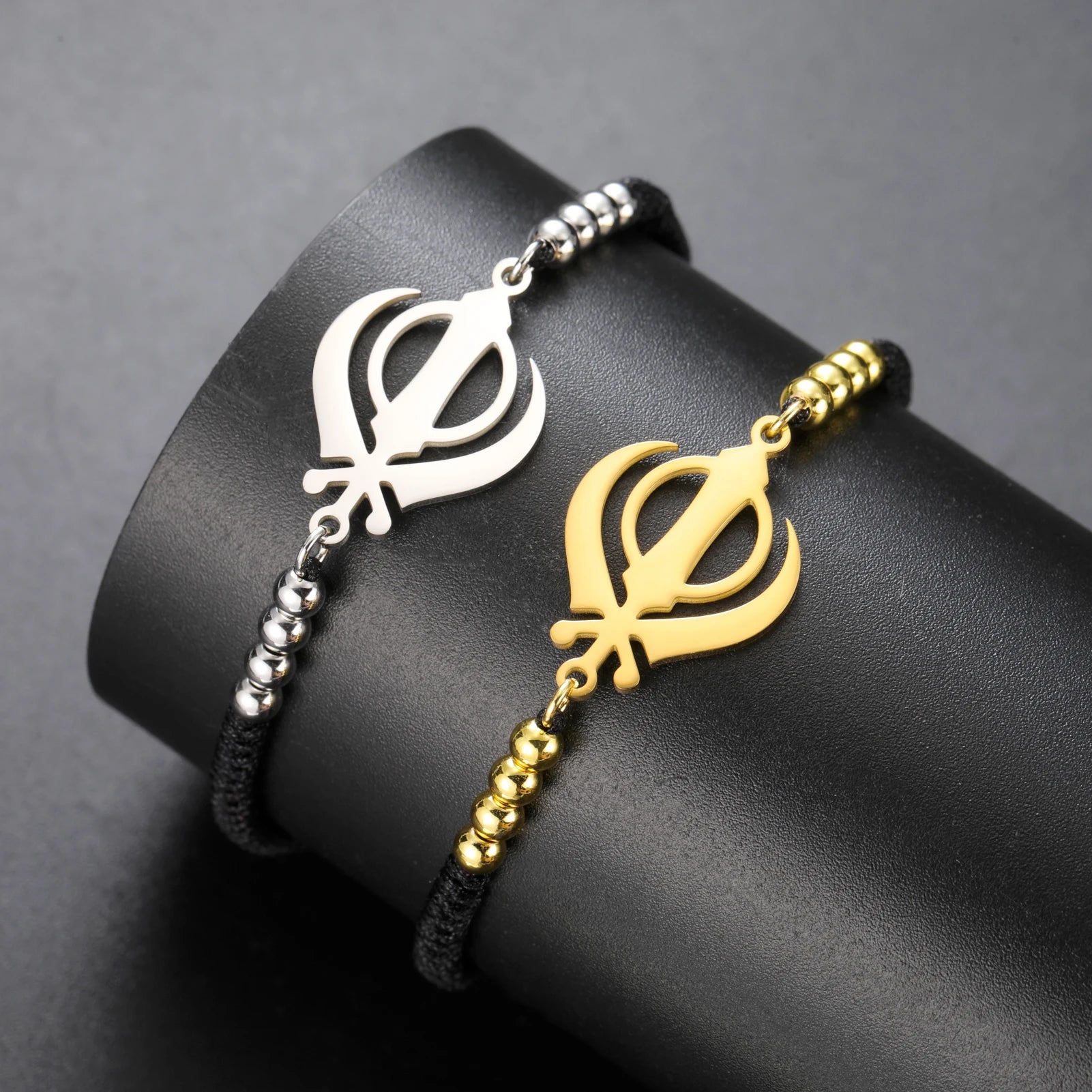 LIKGREAT Sikhism Adjustable Rope Bracelets for Women Men Stainless Steel Sikh Khanda Indian Pakistan Punjab Religious Jewelry
