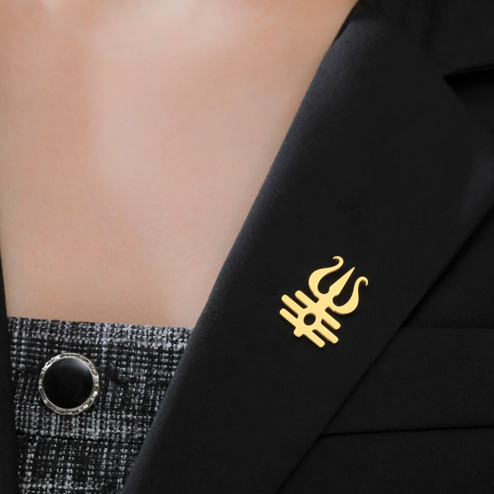 Dawapara Lord Shiva Trident Brooch Mantra Buddhism Hindu God Blessing Symbol Lapel Pins Stainless Steel Jewelry