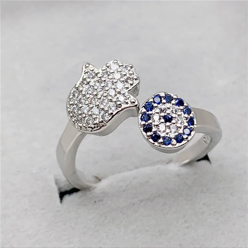 Trendy 925 Sterling Silver Evil Eye Crystal Adjustable Rings For Women Party Fashion Jewelry Anniversary Gift Wholesale