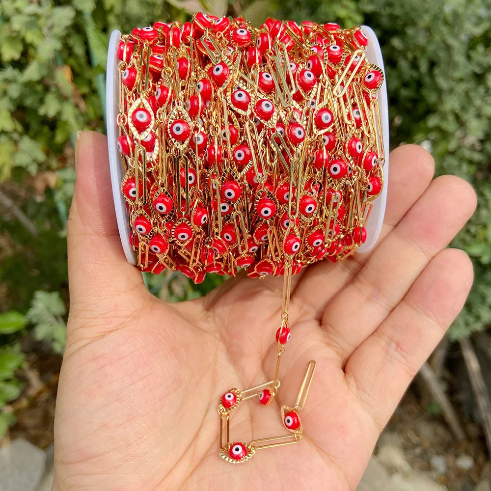 Colorful Evil Eye Beads Chains Stainless Steel Link Pearl Beaded Chains Turkey Eye Link Chain for Necklace Making Jewelry DIY