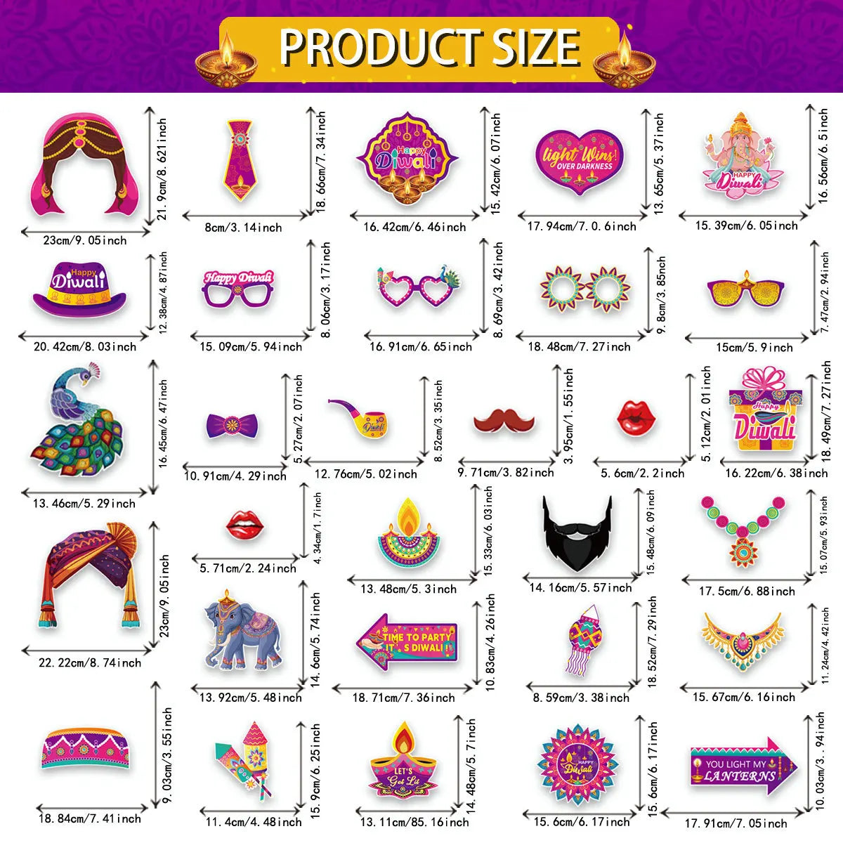 30Pcs/Set Happy Diwali Theme Photo Booth Props Candle Elephant Dress Up Paper Masks for India Diwali Festival Party Decoration