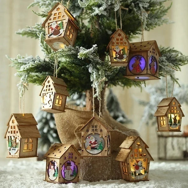 Christmas LED Light Wood House Cute Tree Hanging Pendant Window Decoration Ornaments Children's Handmade DIY Gift