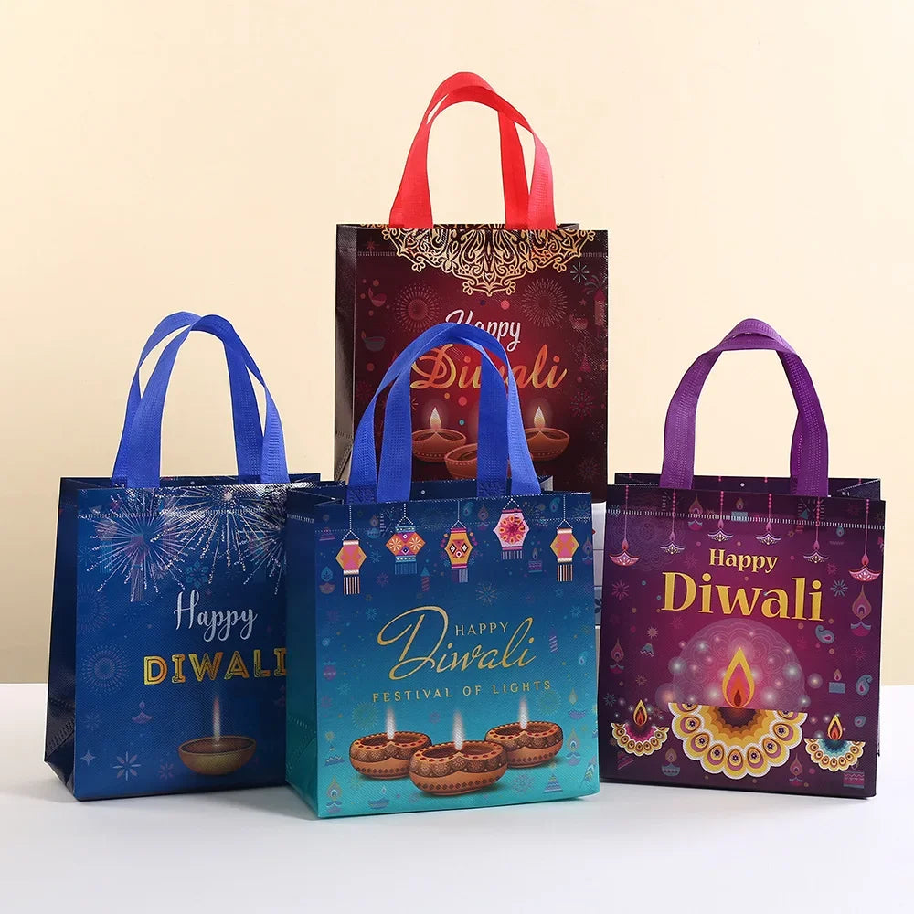 8Pcs Happy Diwali Theme Gift Packing Bag Non-Woven Shopping Tote Bag for India Diwali Festival Party Favors Bag Decoration