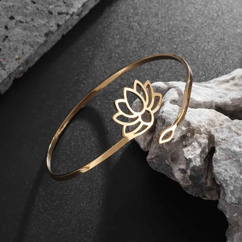 Stainless Steel Hindu Lotus Mandala Open Bracelet Women Fashion Cuff Bangle Casual Sports Yoga Jewelry