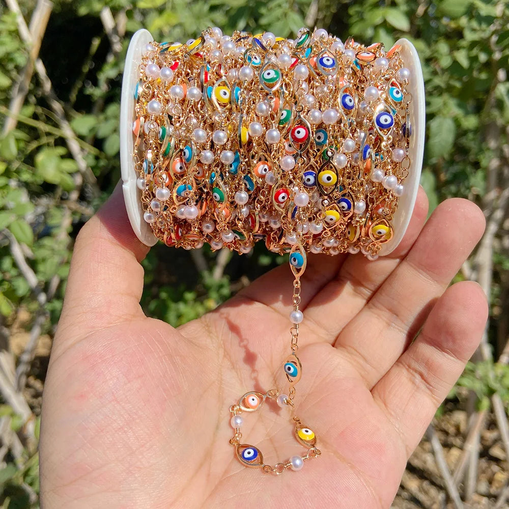 Colorful Evil Eye Beads Chains Stainless Steel Link Pearl Beaded Chains Turkey Eye Link Chain for Necklace Making Jewelry DIY