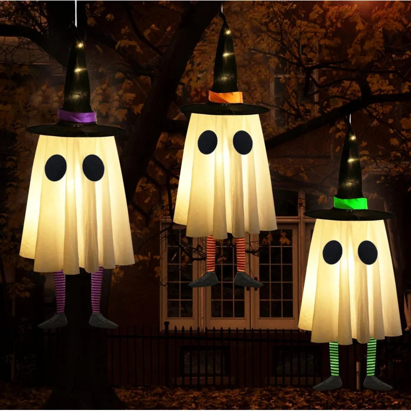 Halloween Hanging Ghost Decorations, Outdoor Halloween Witches Hat Lights, Glowing Ghosts for Garden Trees, Yard Halloween Decor