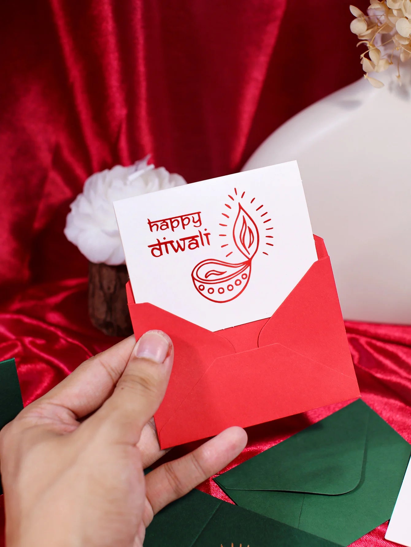 Diwali Greeting Cards and Envelopes Set, "Happy Diwali" with Diya Print, Assorted Colors (Green/Red/White), Festive Diwali Stati