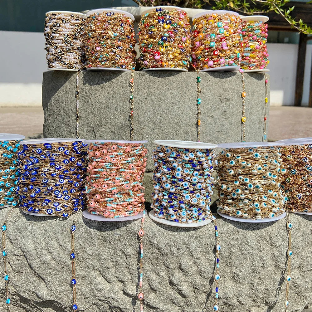 Colorful Evil Eye Beads Chains Stainless Steel Link Pearl Beaded Chains Turkey Eye Link Chain for Necklace Making Jewelry DIY