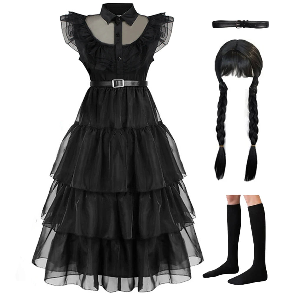 KLFLGD Black Lace Halloween Dress Up Girl's Birthday Party Performance Dress New Girl Role Playing Dress 4-12 Years Old