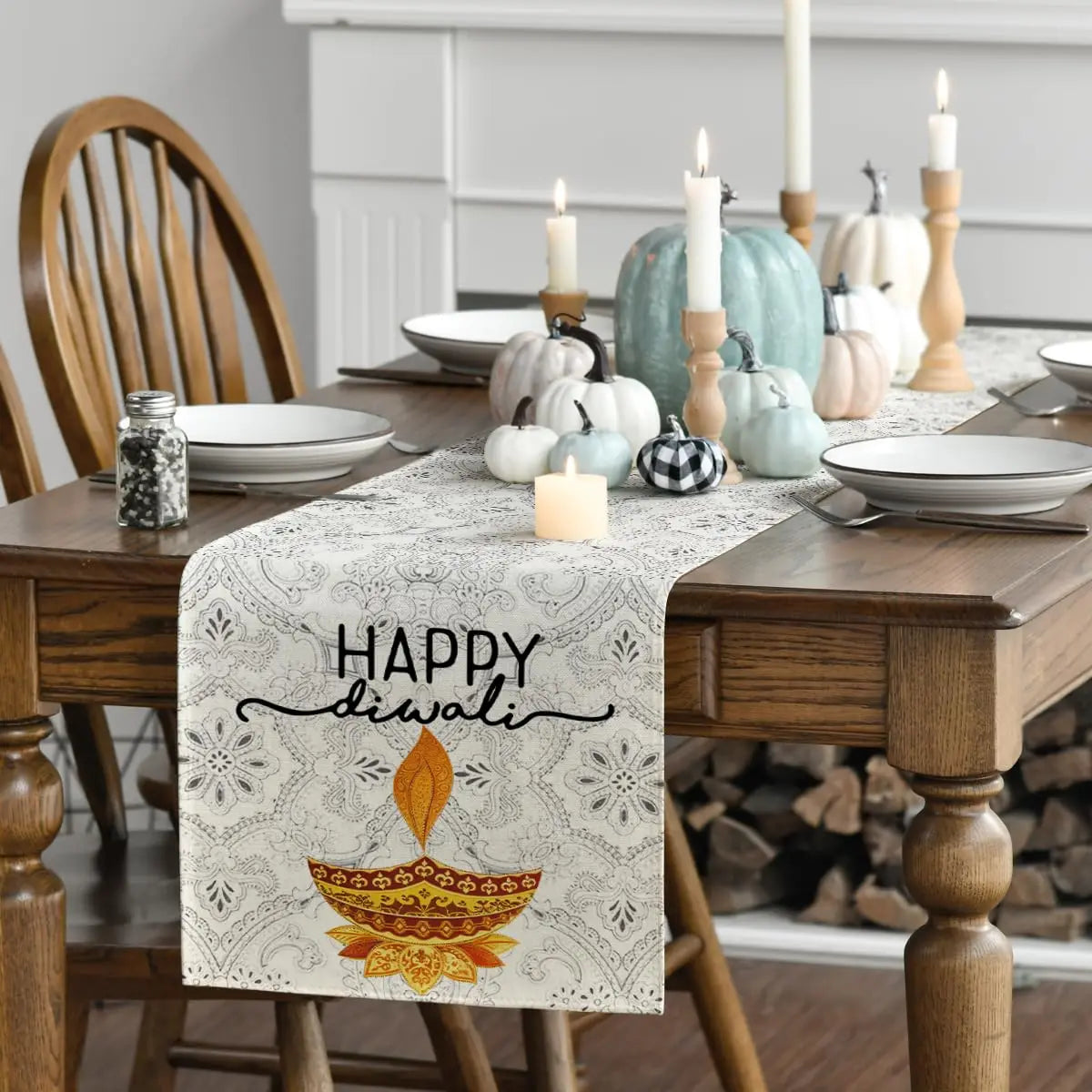Happy Diwali Table Runner, Festival of Light Marigold Holiday Kitchen Dining Table Decoration for Home Party Decor