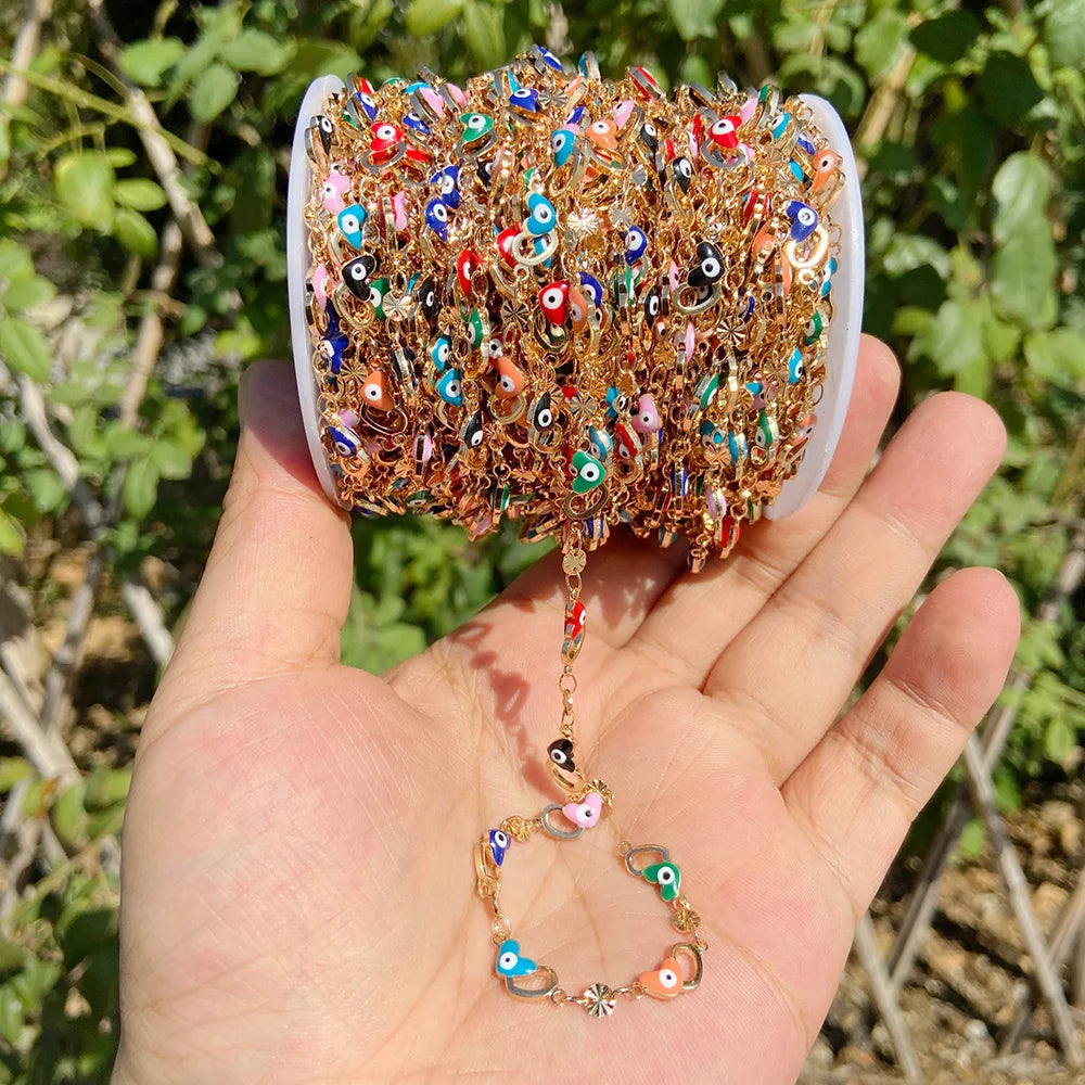 Colorful Evil Eye Beads Chains Stainless Steel Link Pearl Beaded Chains Turkey Eye Link Chain for Necklace Making Jewelry DIY