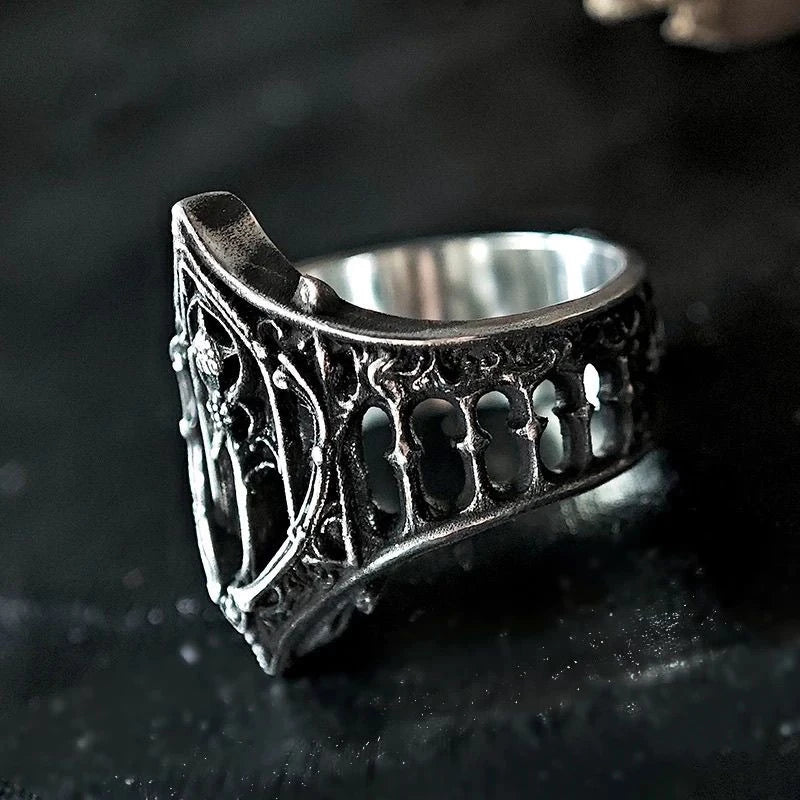 LATS Retro Personality Ancient Silver Color Hollowed-out Relief Crown Castle Rings for Women Men Halloween Trend Gothic Jewelry