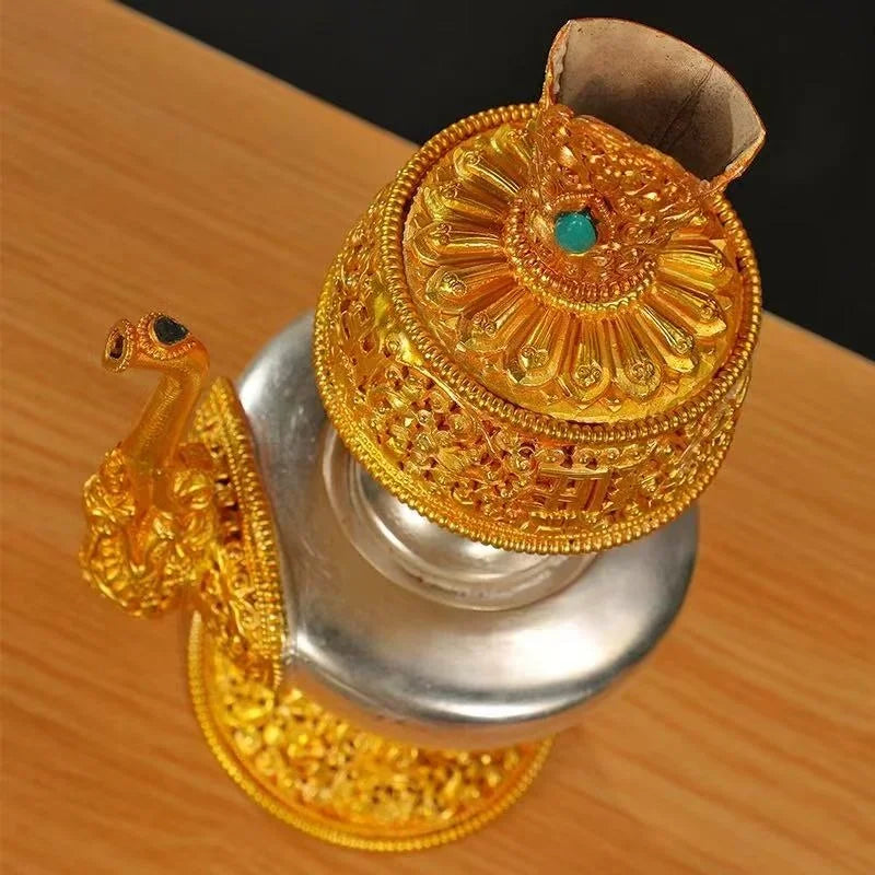 Nepalese Water Purification Bottle Copper,Tantric Holy Water Buddhism Inlaid Gem Pot,Tibetan Altars Kettle Buddhist Religious