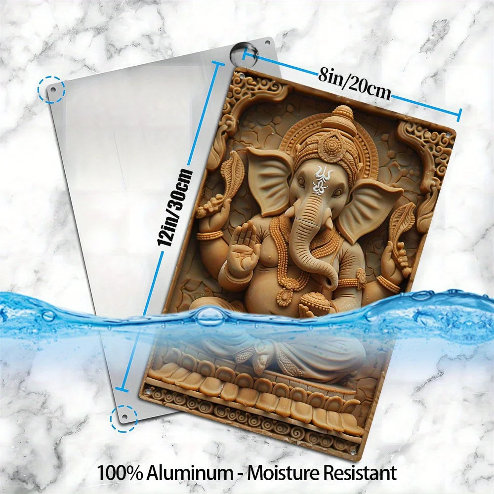 1Pc Ganesha Aluminum Wall Art, 8x12 Inch Moisture Resistant 2D Embossed Hindu Deity Plaque, High Durability Metal