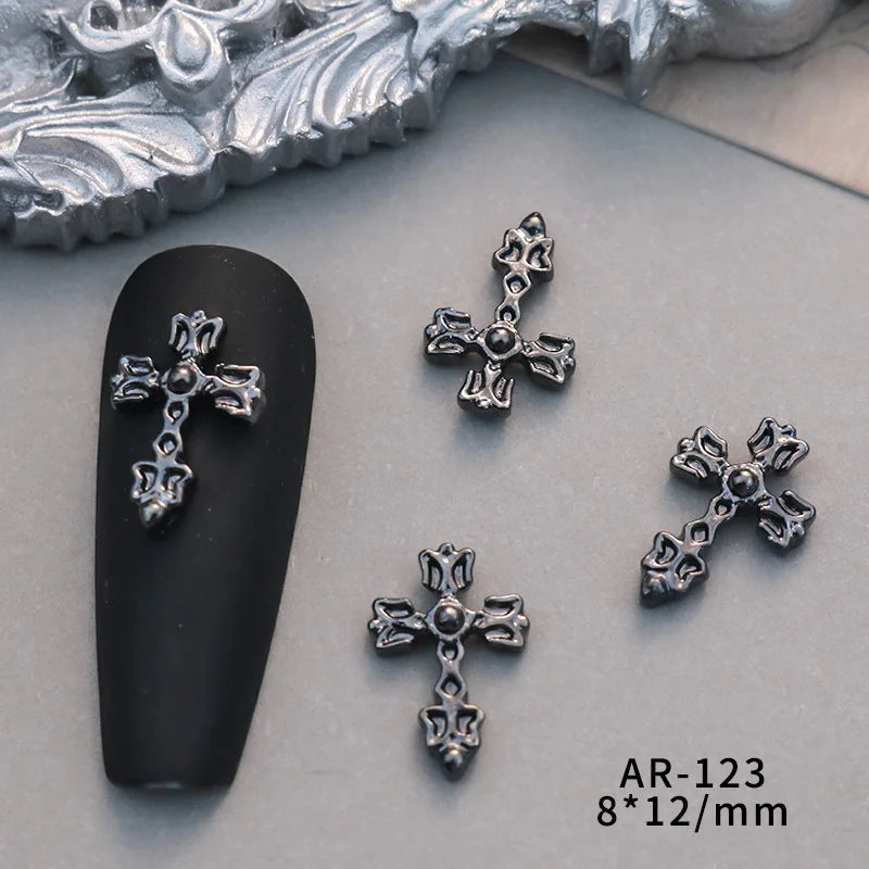 10PCS Black Iron Cross Skull Nail Charms Parts Butterfly Wing Accessories Halloween Nail Art Decoration Design Supplies Material