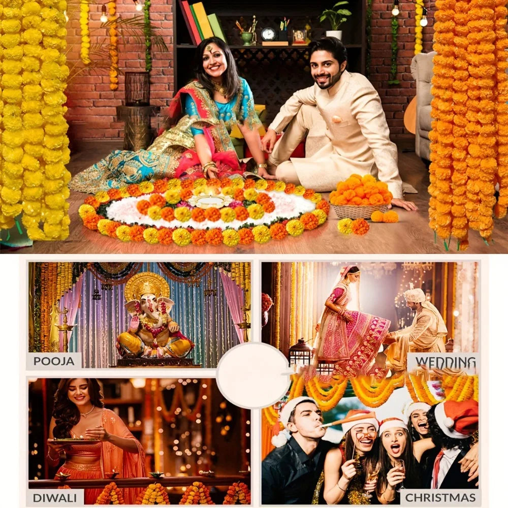 Long Strands Artificial Marigold Garland Pooja Diwali Fiesta Indian Décor Marigold Flower Garlands Reusable Events Decor
