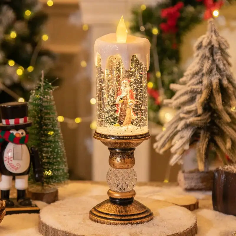 Christmas Decorations Water Filled Candles with Scene Crystal Lights Snowfall Effect Santa Claus Figurine Perfect Holiday Gift