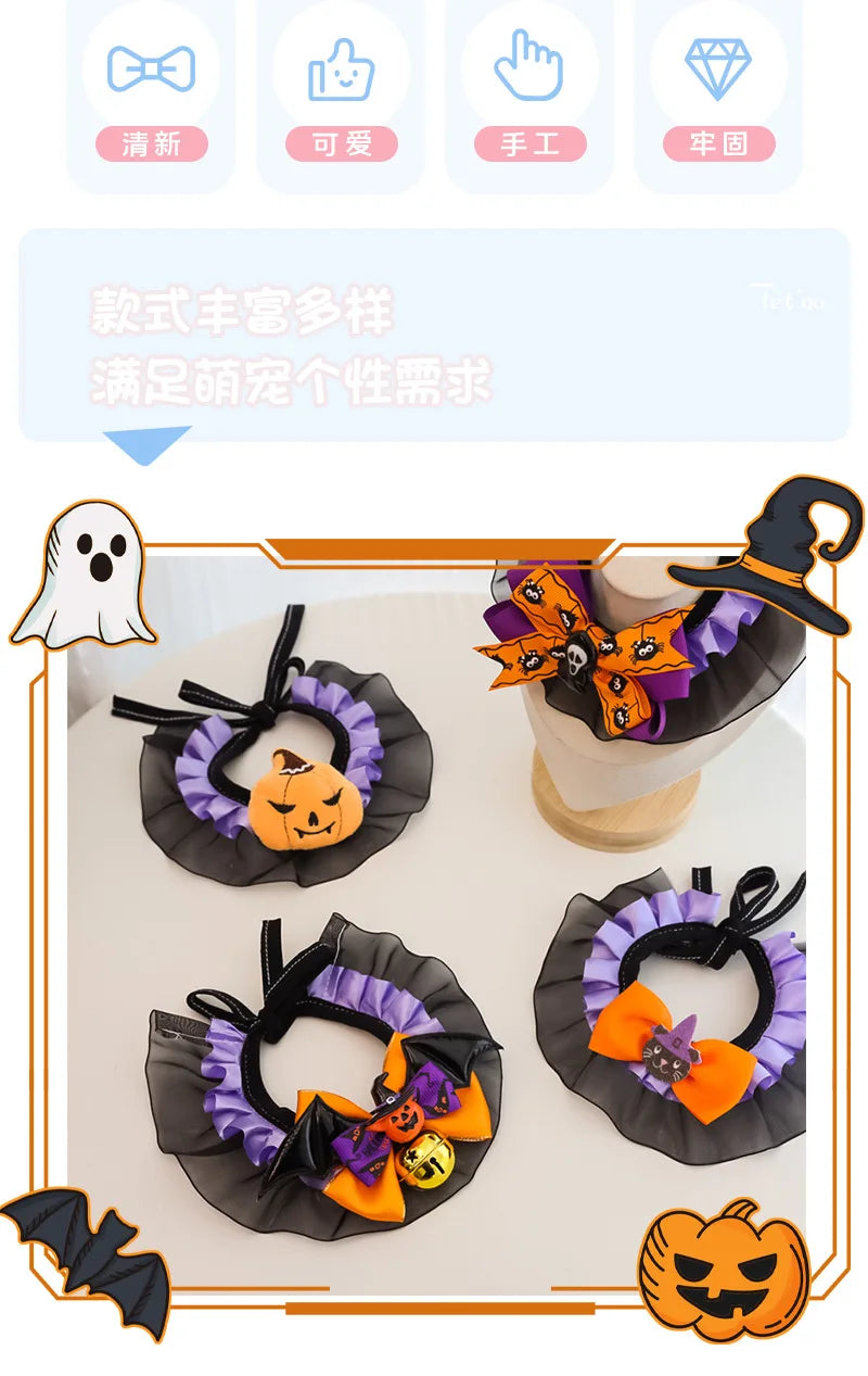 New Dog Necklace Halloween Pet Collar Cat Dog Drool Towel Lace Pumpkin Bat Wings Bow Cat Necklace Photo Prop