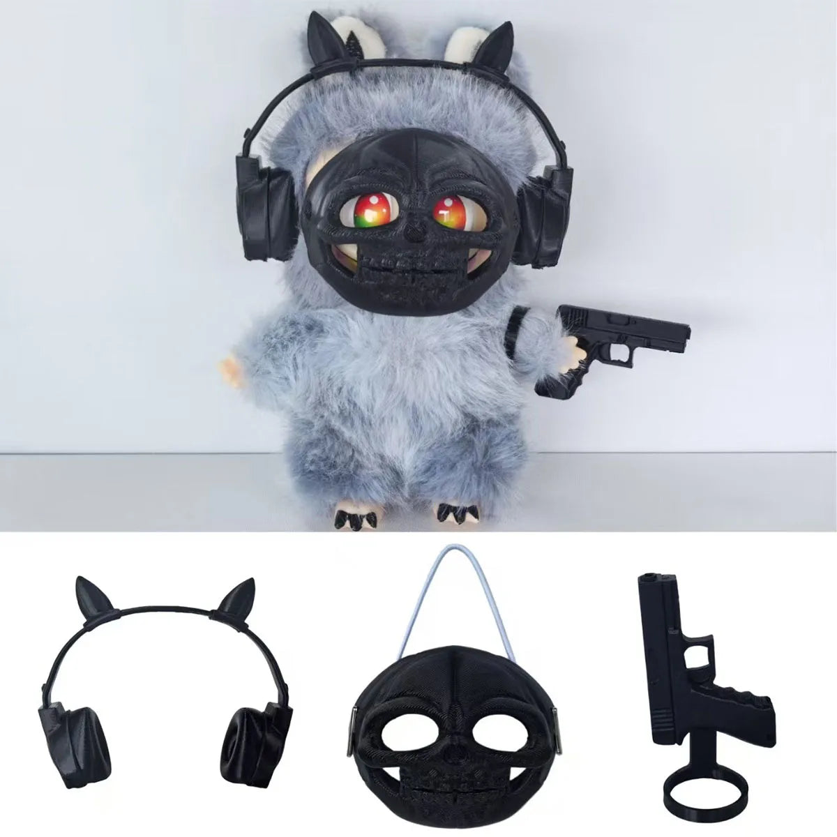 Plush Doll Funny Kit-Creative Mask Headphones Gun Doll DIY Accessories Outfit Clothes for Labubu Halloween Dress Up