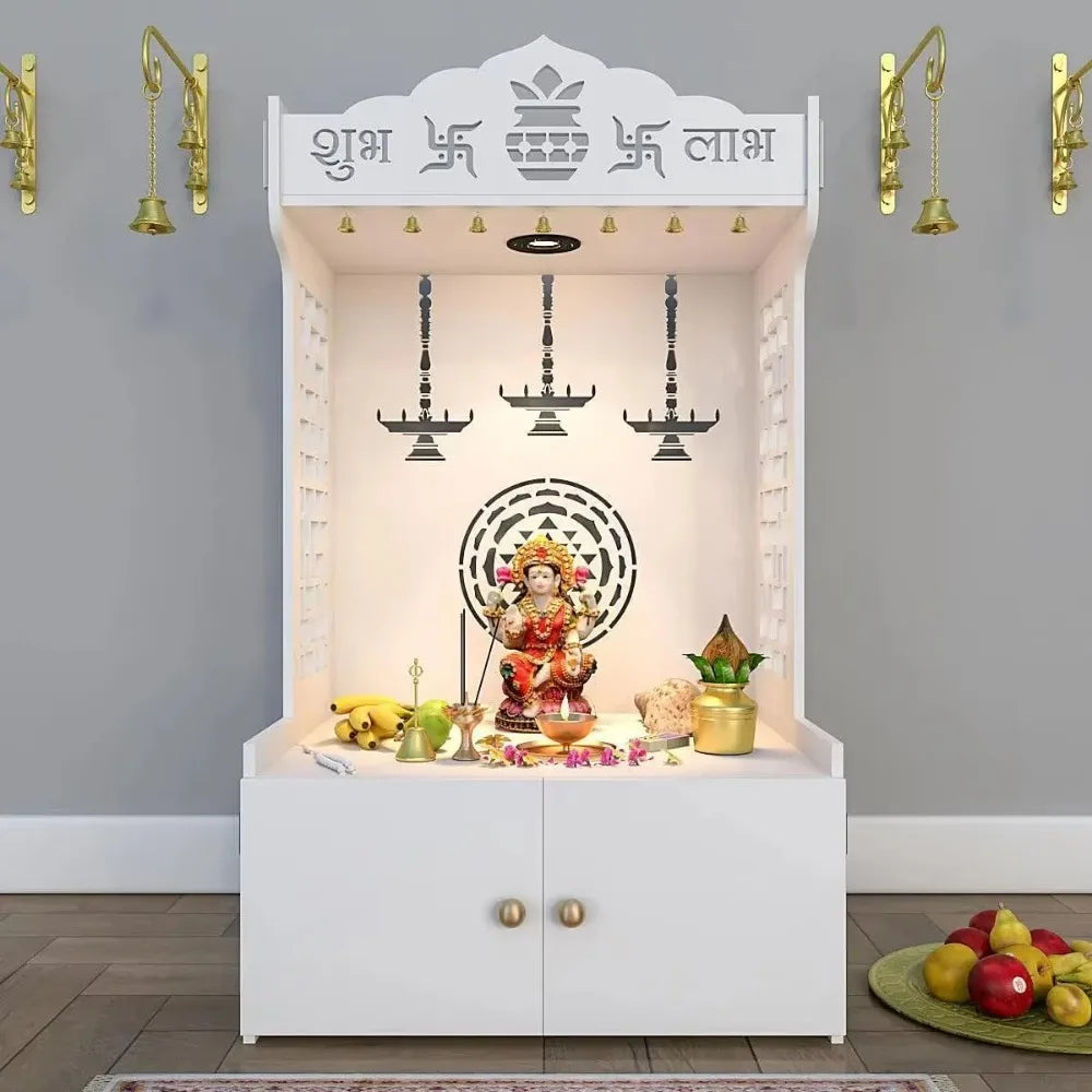 Trading World Wooden Temple Mandir Offers Spacious Built-in Shelf Focusing Lights for Families