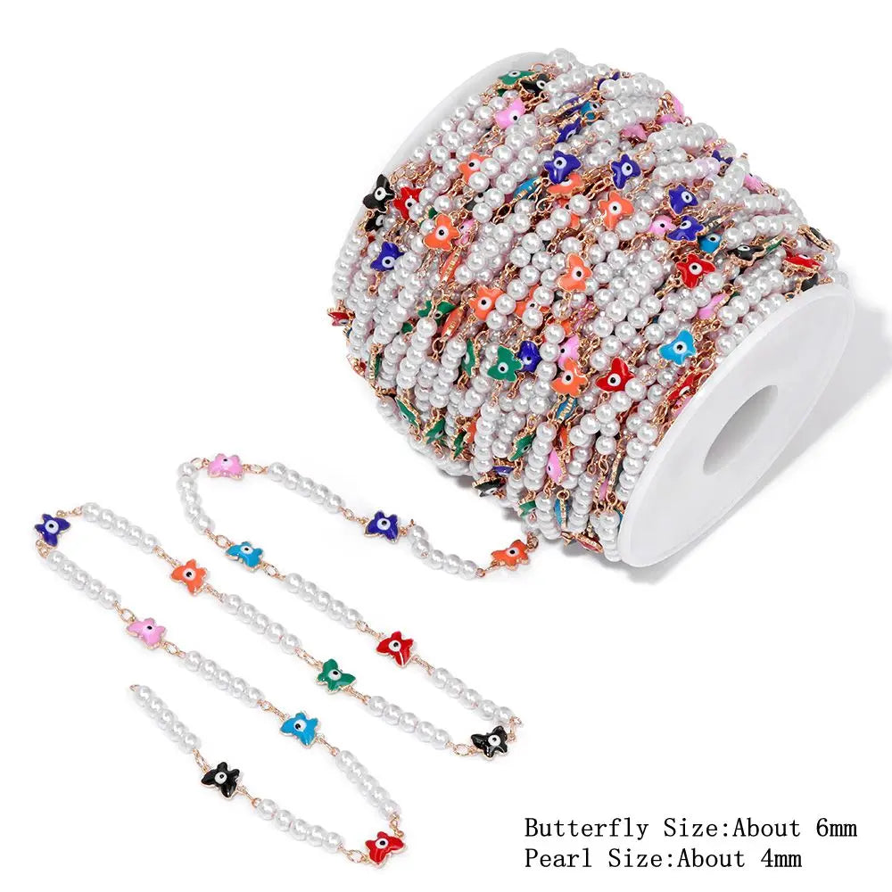 Colorful Evil Eye Beads Chains Stainless Steel Link Pearl Beaded Chains Turkey Eye Link Chain for Necklace Making Jewelry DIY