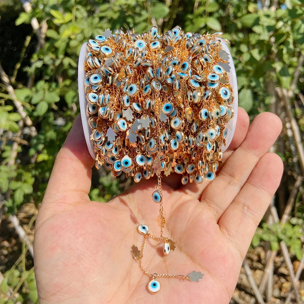 Colorful Evil Eye Beads Chains Stainless Steel Link Pearl Beaded Chains Turkey Eye Link Chain for Necklace Making Jewelry DIY