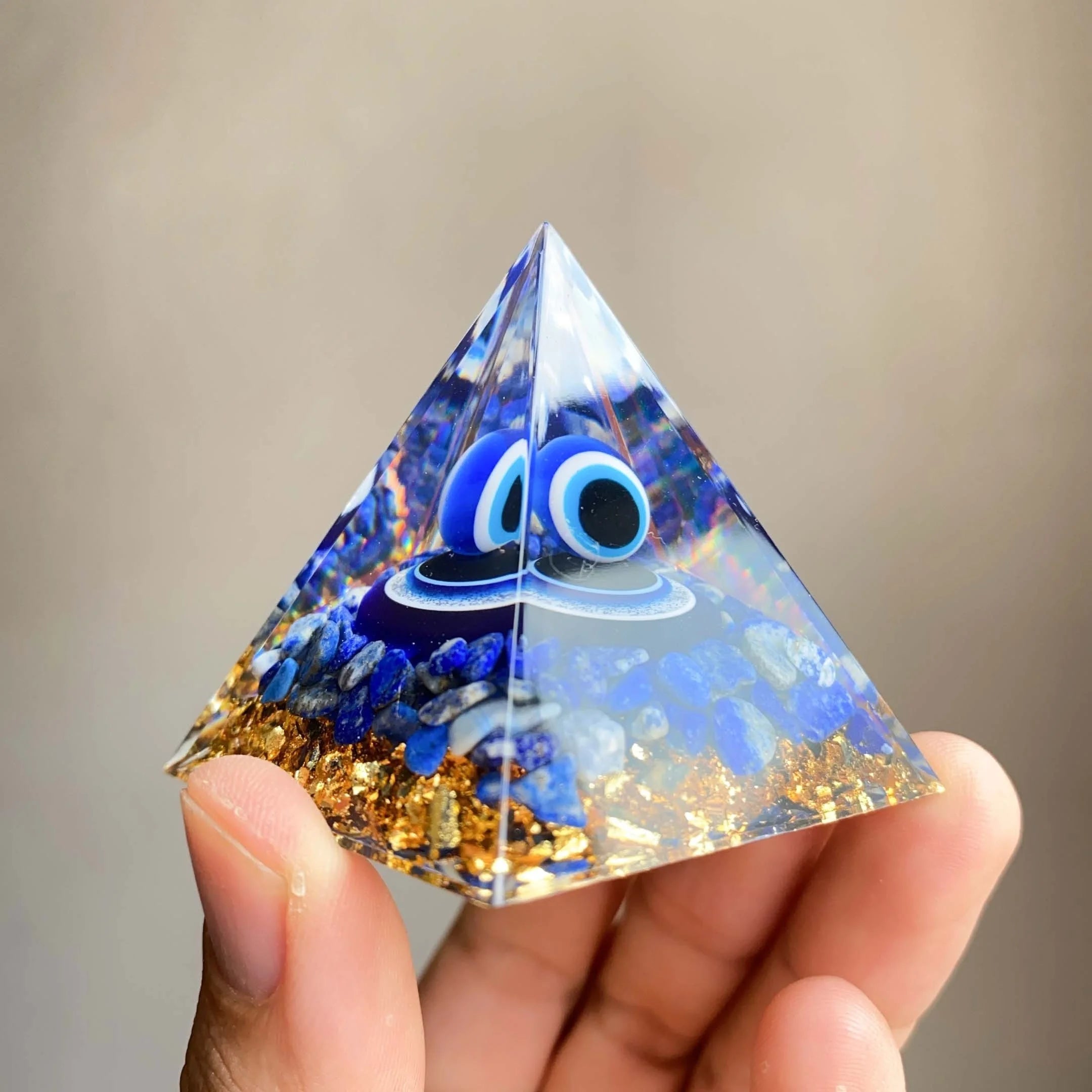 Evil Eye Pyramid Figurine With Lapis Lazuli Chips Pyramid of Orgen, 5cm Lazuli Devil's Eye Pyramid, The Orgen Pyramid series