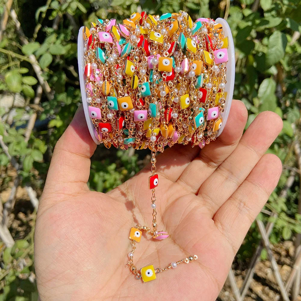 Colorful Evil Eye Beads Chains Stainless Steel Link Pearl Beaded Chains Turkey Eye Link Chain for Necklace Making Jewelry DIY