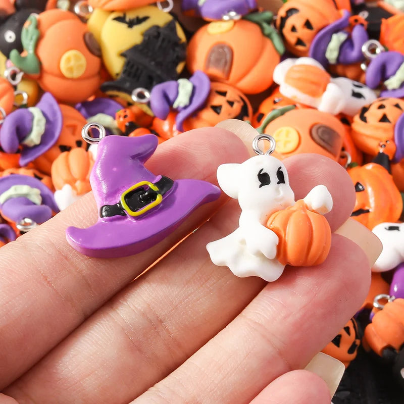 Leslie 10Pcs New Resin Halloween Charms Kawaii Cat Spider Castle Ghost Pumpkin Charms Pendants Decor DIY Earring Jewelry Making