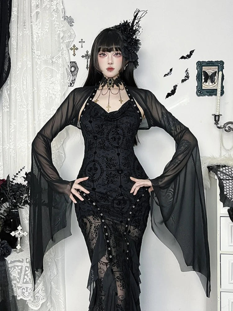 AltGoth Halloween Gothic Mesh Smock Women Vintage Streetwear Witch See Through Bat Sleeve Crop Blouse Sexy Cosplay Clothes Femme